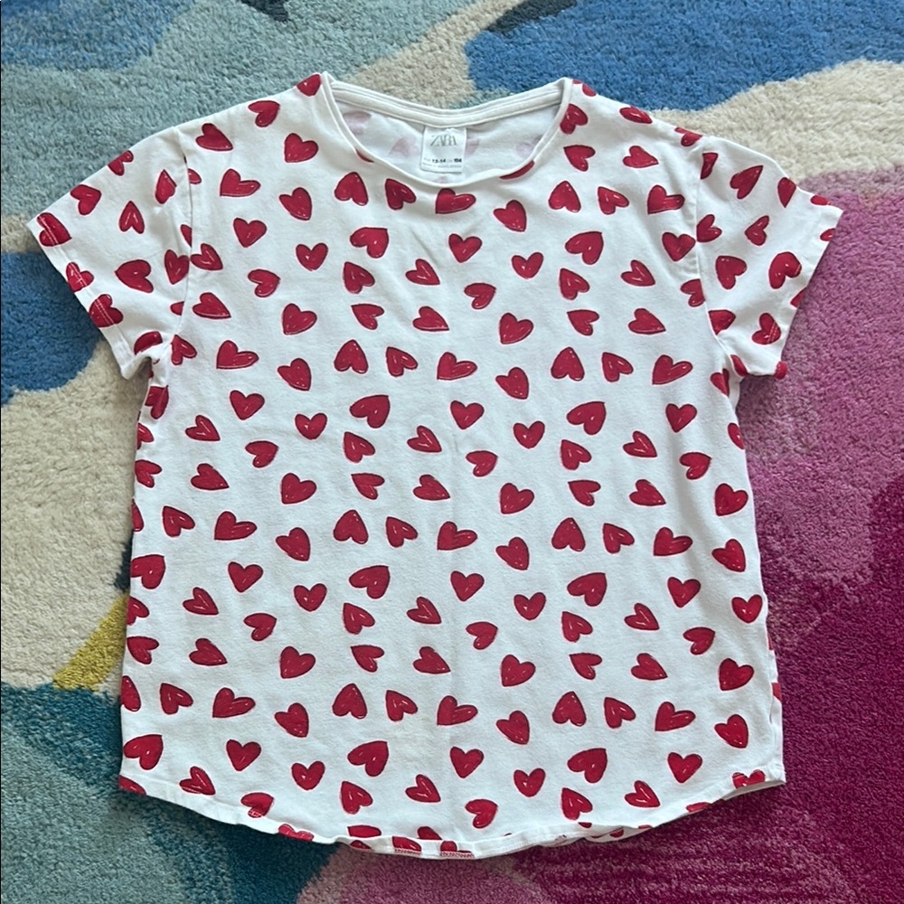 Zara Red and White Heart Pattern Short Sleeve Tee